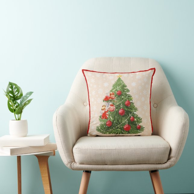 Angels Decorating the Christmas Tree Throw Pillow (Chair)