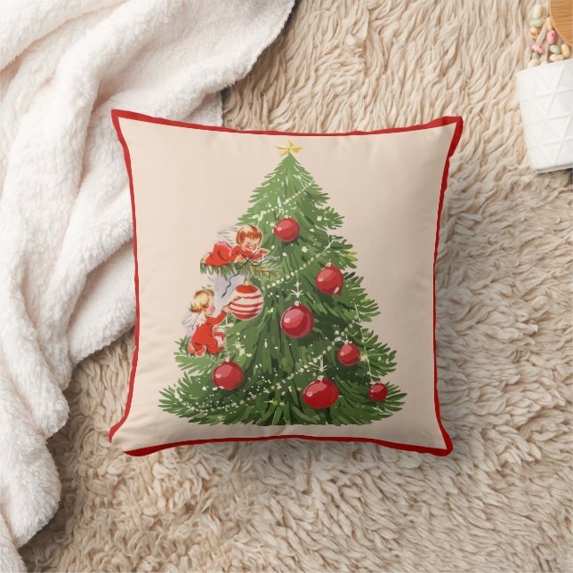 Angels Decorating the Christmas Tree Throw Pillow (Blanket)