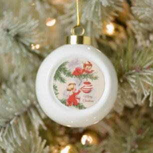 Angels Decorating the Tree Ceramic Ball Christmas Ornament
