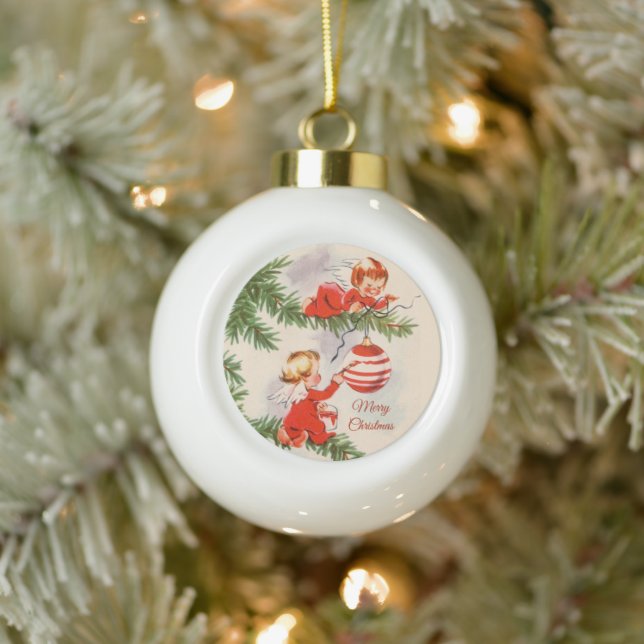 Angels Decorating the Tree Ceramic Ball Christmas Ornament (Tree)