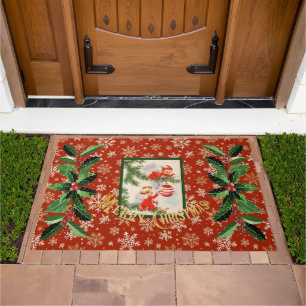 Angels Decorating Tree on Red with Gold Snowflakes Doormat