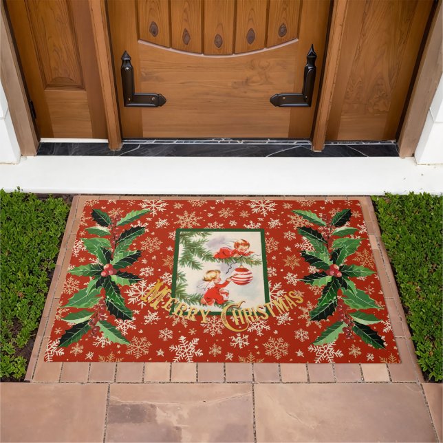 Angels Decorating Tree on Red with Gold Snowflakes Doormat (Outdoor)