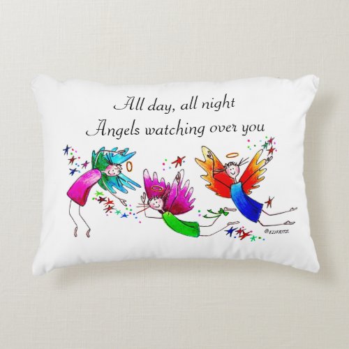 Angels Flying Happily All Day Watercolor Sketch Accent Pillow