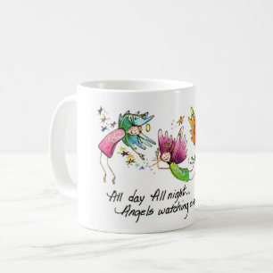 Angels Flying Happily “All Day” Watercolor Sketch Coffee Mug