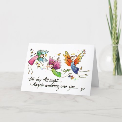 Angels Flying Happily All Day Watercolor Sketch Holiday Card