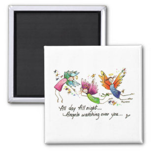 Angels Flying Happily “All Day” Watercolor Sketch  Magnet