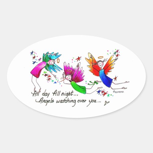 Angels Flying Happily All Day Watercolor Sketch Oval Sticker