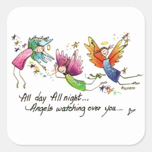Angels Flying Happily All Day Watercolor Sketch  Square Sticker