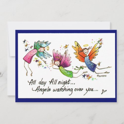 Angels Flying Happily All Day Watercolor Sketch Thank You Card