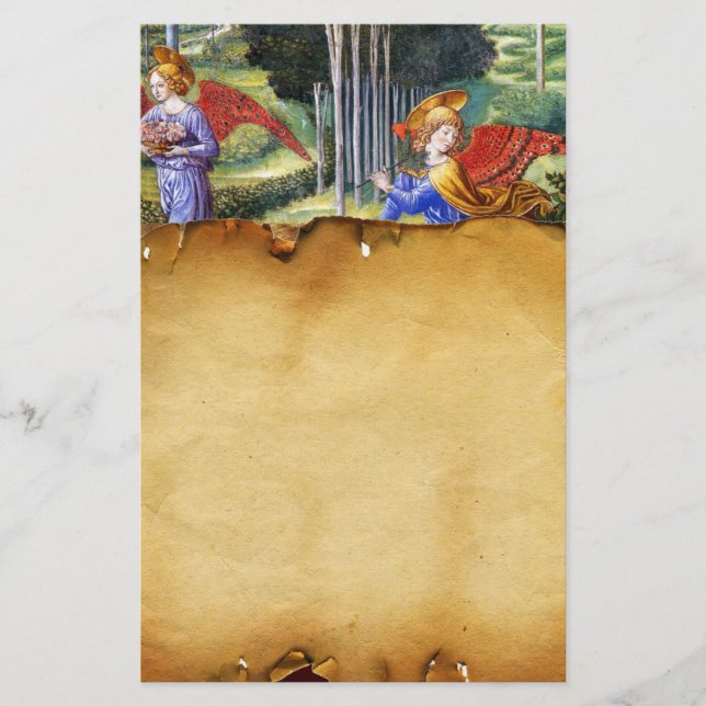 Angels Gathering Flowers in a Heavenly Landscape Stationery (Front)