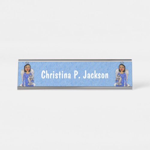 Angels Holding White Cat Angels on Cloud Blue Desk Name Plate