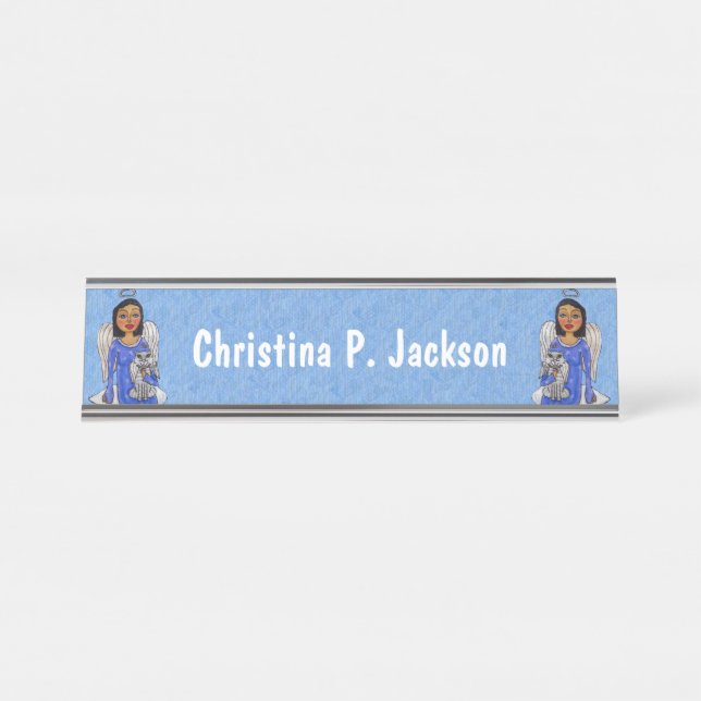 Angels Holding White Cat Angels on Cloud Blue Desk Name Plate (Front)