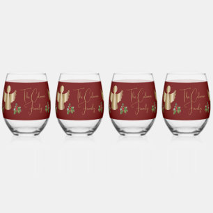 Angels & Holly Personalized Christmas  Stemless Wine Glass