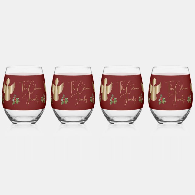 Angels & Holly Personalized Christmas  Stemless Wine Glass (Front)