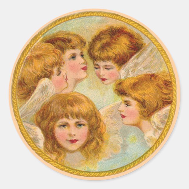Angels In A Gold Ring Circle Classic Round Sticker (Front)