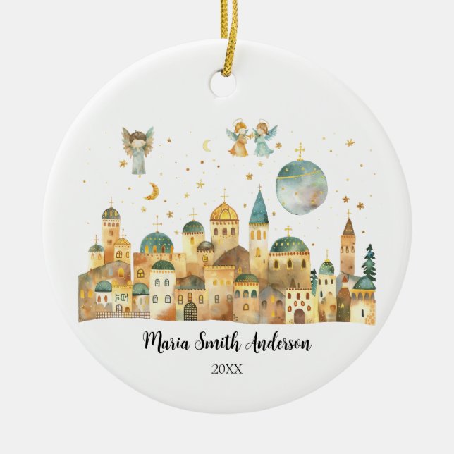 Angels In Jerusalem View Christmas Nativity Scene Ceramic Ornament (Front)