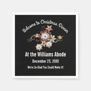 Angels Jewels Sparkling Flowers on Black Cocktail Napkins