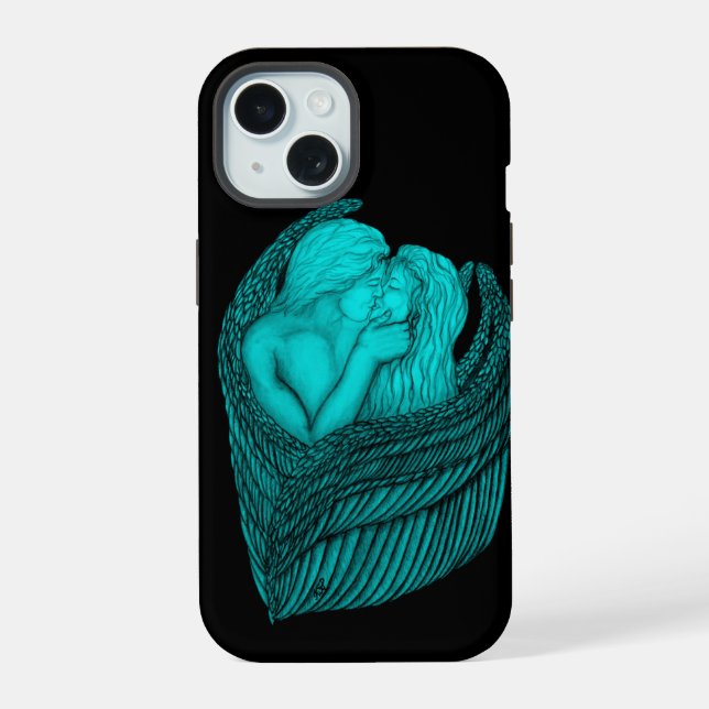 Angels Kissing , black and green Design iPhone 15 Case (Back)