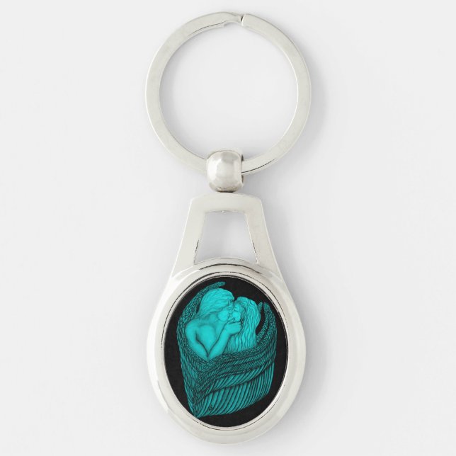 Angels Kissing , black and green Design Keychain (Front)