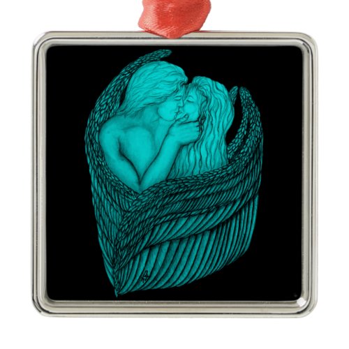 Angels Kissing , black and green Design Metal Ornament