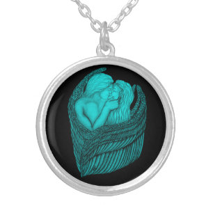 Angels Kissing , black and green Design Silver Plated Necklace