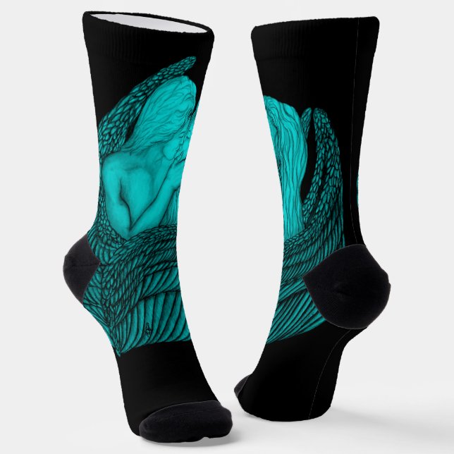 Angels Kissing , black and green Design Socks (Angled)