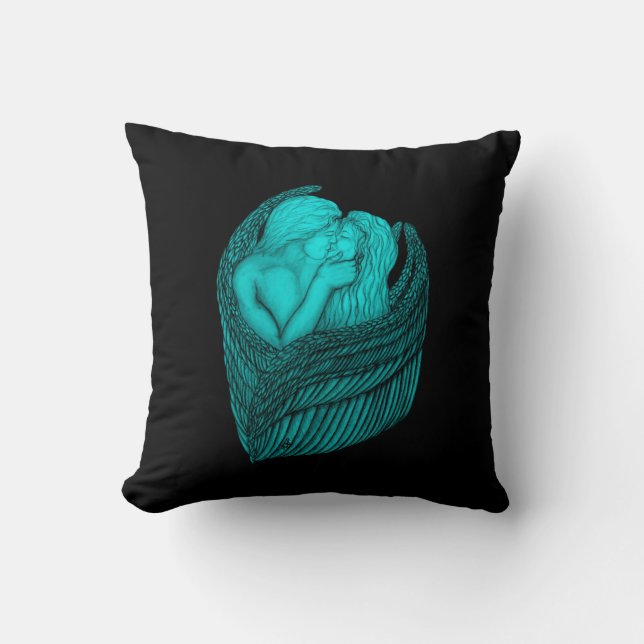 Angels Kissing , black and green Design Throw Pillow (Front)
