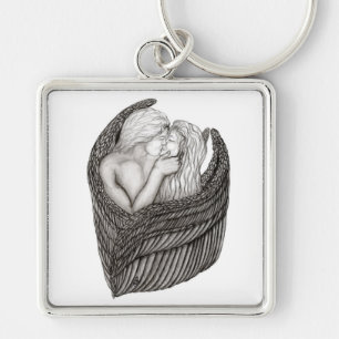 Angels Kissing , black and white Design Keychain
