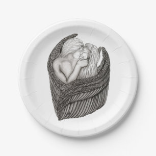Angels Kissing , black and white Design Paper Plates