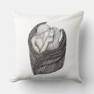 Angels Kissing , black and white Design Throw Pillow