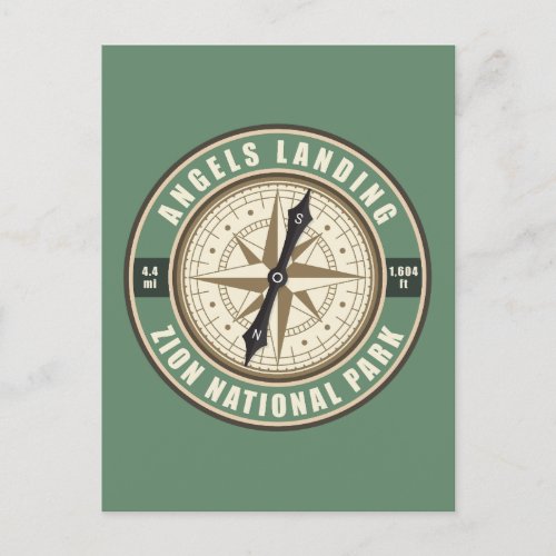 Angels Landing Trail Utah Compass Hiking Badge Postcard
