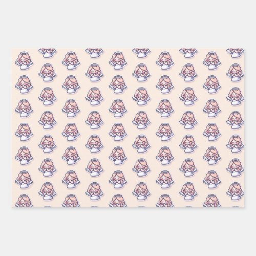 Angels Praying on Pink Background Wrapping Paper
