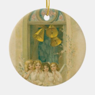 Angels Praying under Bells Holiday Ornament