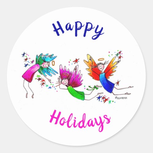 Angels Red Green and Blue Happy Spirits Watercolor Classic Round Sticker