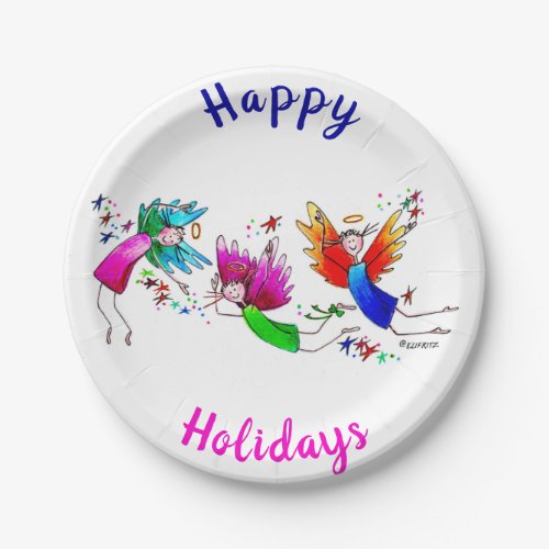Angels Red Green and Blue Happy Spirits Watercolor Paper Plates