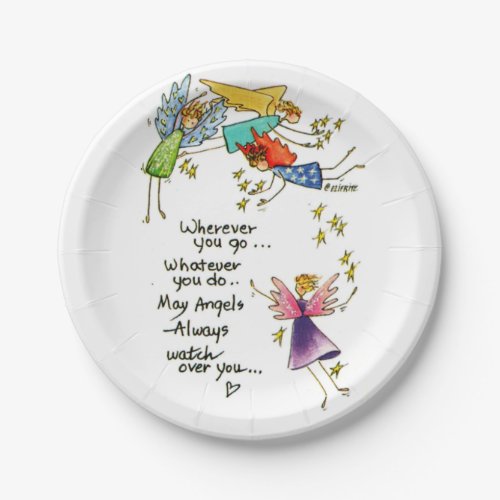 Angels Watch Over You Colorful Watercolor Sketch Paper Plates