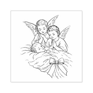 Angels Watching Over Sleeping Baby Religious Rubber Stamp
