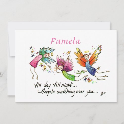 Angels Watching Over You Watercolor drawing text Holiday Card