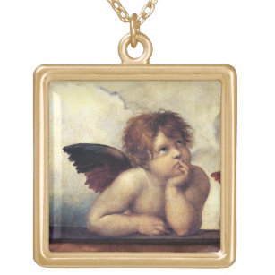 ANGELS / Winged Cherubs , Clouds Raffaello Sanzio  Gold Plated Necklace