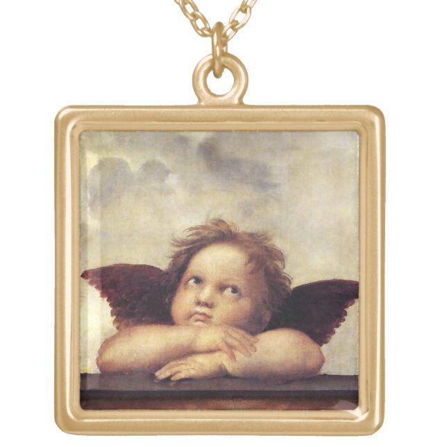 ANGELS / Winged Cherubs ,Clouds Raffaello Sanzio Gold Plated Necklace (Front)