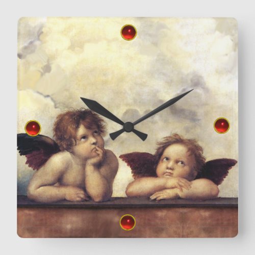 ANGELS  Winged Cherubs Clouds Raffaello Sanzio Square Wall Clock