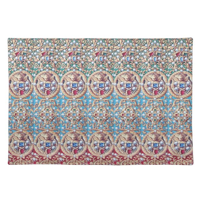 ANGELS WITH ANTIQUE JEWELS,GEMSTONES,PEARLS CLOTH PLACEMAT (Front)