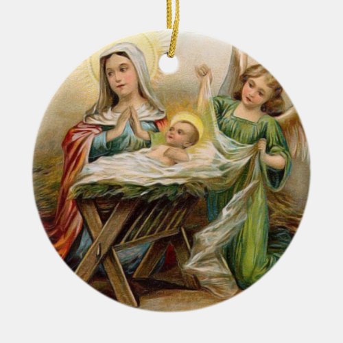 Angels with baby Jesus in the Manger Vintage Image Ceramic Ornament