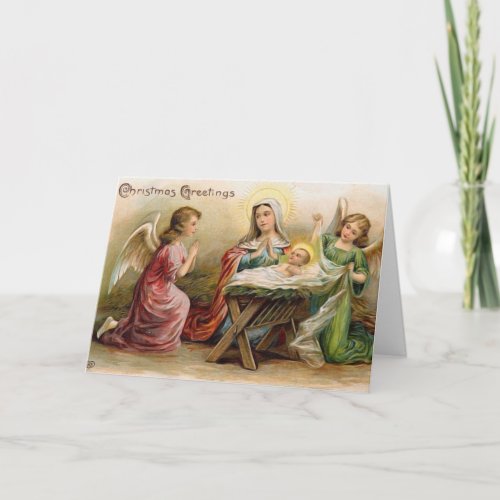 Angels with baby Jesus in the Manger Vintage Image Holiday Card