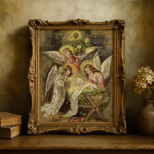 Angels with Baby Jesus Vintage Christmas Poster