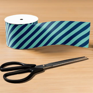 Angled Light Green and Navy Stripes Grosgrain Ribbon