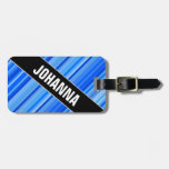 [ Thumbnail: Angled Name + Stripes of Blue Pattern Luggage Tag ]