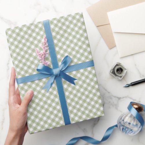 Angled Sage Green and White Gingham Wrapping Paper