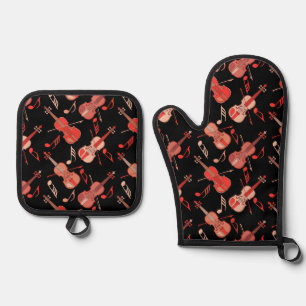 Angled Violin and Music Notes Oven Mitt & Pot Holder Set