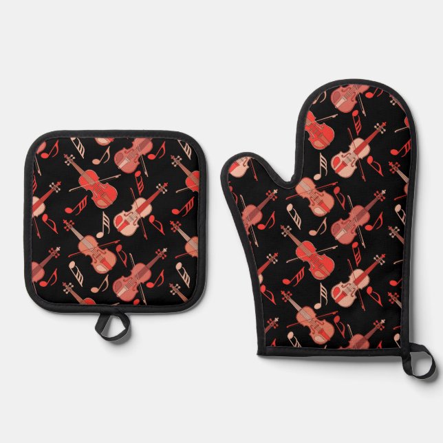 Angled Violin and Music Notes Oven Mitt & Pot Holder Set (Front)